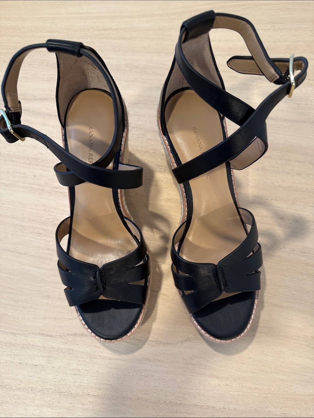 Banana Republic Black Leather Espadrille Wedge Sandals Ankle Strap Size 7